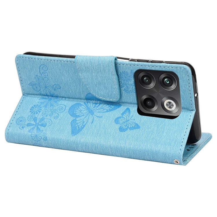 For OnePlus 10T 5G / Ace Pro 5G Big Butterflies Flower Pattern Imprinting Leather Case Magnetic Clasp Stand Wallet Cover with Strap - Blue