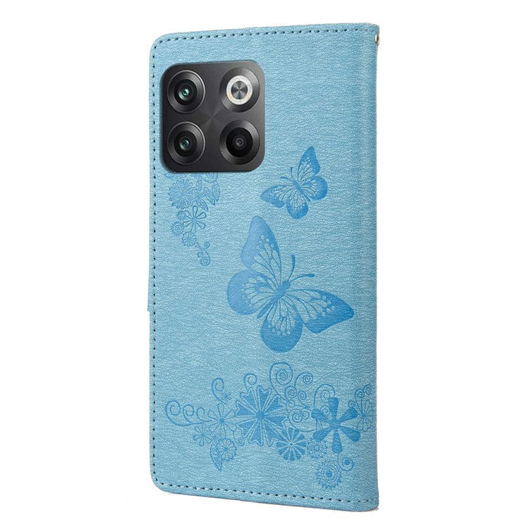 For OnePlus 10T 5G / Ace Pro 5G Big Butterflies Flower Pattern Imprinting Leather Case Magnetic Clasp Stand Wallet Cover with Strap - Blue