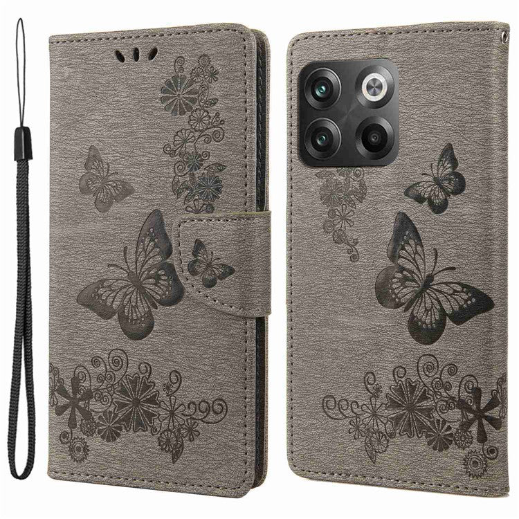 For OnePlus 10T 5G / Ace Pro 5G Big Butterflies Flower Pattern Imprinting Leather Case Magnetic Clasp Stand Wallet Cover with Strap - Grey
