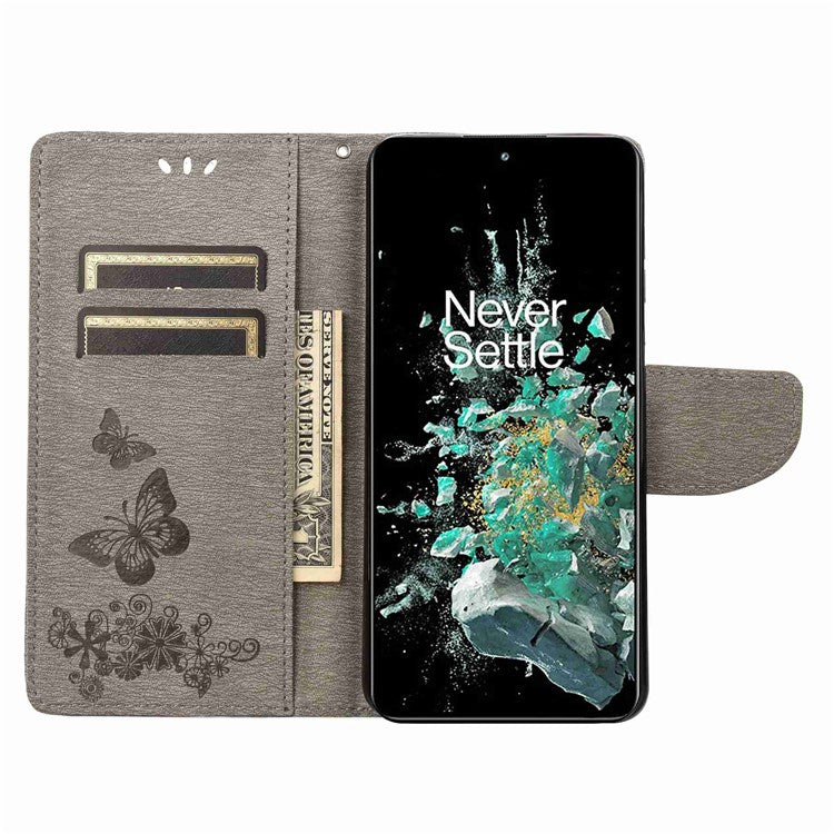 For OnePlus 10T 5G / Ace Pro 5G Big Butterflies Flower Pattern Imprinting Leather Case Magnetic Clasp Stand Wallet Cover with Strap - Grey