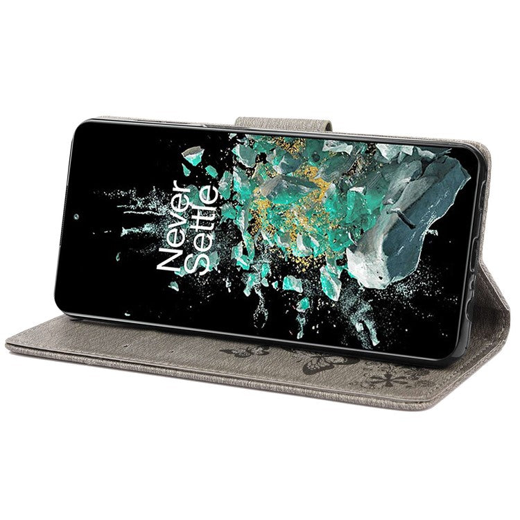 For OnePlus 10T 5G / Ace Pro 5G Big Butterflies Flower Pattern Imprinting Leather Case Magnetic Clasp Stand Wallet Cover with Strap - Grey