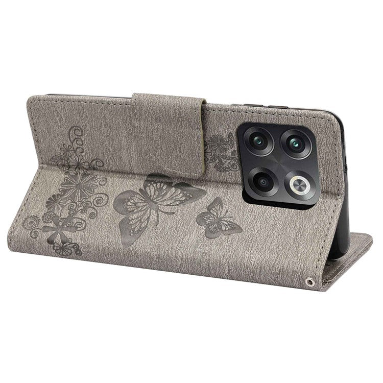 For OnePlus 10T 5G / Ace Pro 5G Big Butterflies Flower Pattern Imprinting Leather Case Magnetic Clasp Stand Wallet Cover with Strap - Grey
