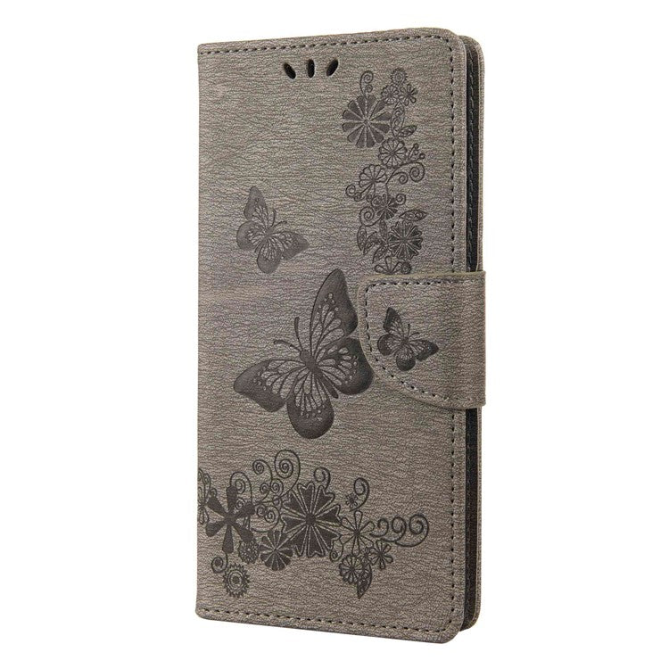 For OnePlus 10T 5G / Ace Pro 5G Big Butterflies Flower Pattern Imprinting Leather Case Magnetic Clasp Stand Wallet Cover with Strap - Grey
