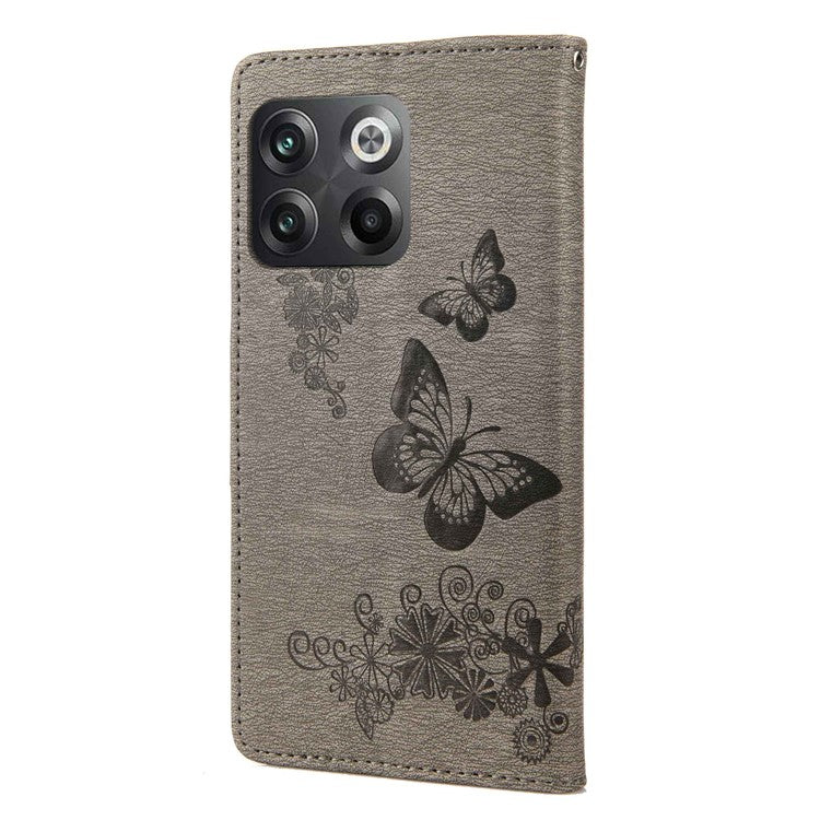For OnePlus 10T 5G / Ace Pro 5G Big Butterflies Flower Pattern Imprinting Leather Case Magnetic Clasp Stand Wallet Cover with Strap - Grey