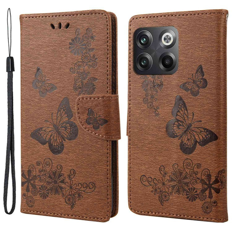 For OnePlus 10T 5G / Ace Pro 5G Big Butterflies Flower Pattern Imprinting Leather Case Magnetic Clasp Stand Wallet Cover with Strap - Brown