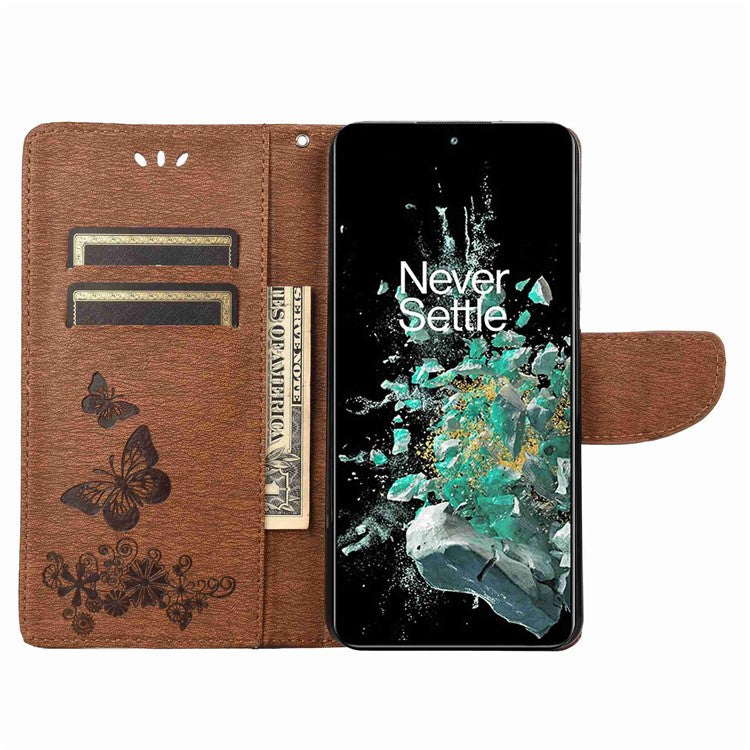 For OnePlus 10T 5G / Ace Pro 5G Big Butterflies Flower Pattern Imprinting Leather Case Magnetic Clasp Stand Wallet Cover with Strap - Brown