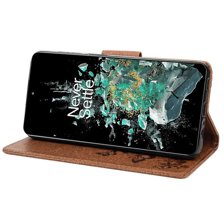 For OnePlus 10T 5G / Ace Pro 5G Big Butterflies Flower Pattern Imprinting Leather Case Magnetic Clasp Stand Wallet Cover with Strap - Brown