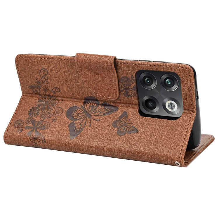 For OnePlus 10T 5G / Ace Pro 5G Big Butterflies Flower Pattern Imprinting Leather Case Magnetic Clasp Stand Wallet Cover with Strap - Brown