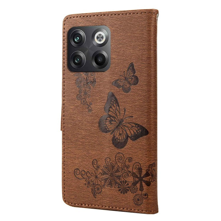 For OnePlus 10T 5G / Ace Pro 5G Big Butterflies Flower Pattern Imprinting Leather Case Magnetic Clasp Stand Wallet Cover with Strap - Brown