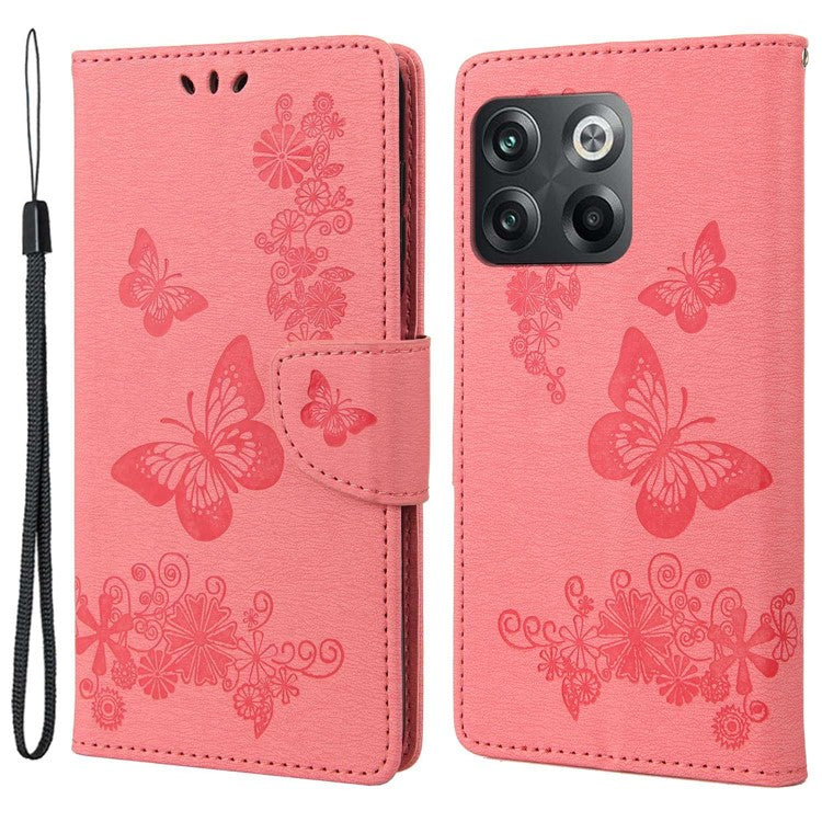 For OnePlus 10T 5G / Ace Pro 5G Big Butterflies Flower Pattern Imprinting Leather Case Magnetic Clasp Stand Wallet Cover with Strap - Pink