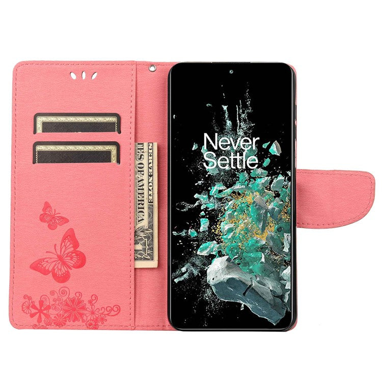 For OnePlus 10T 5G / Ace Pro 5G Big Butterflies Flower Pattern Imprinting Leather Case Magnetic Clasp Stand Wallet Cover with Strap - Pink