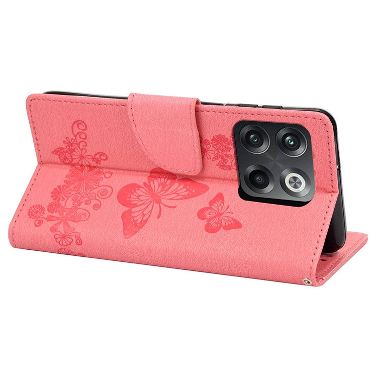 For OnePlus 10T 5G / Ace Pro 5G Big Butterflies Flower Pattern Imprinting Leather Case Magnetic Clasp Stand Wallet Cover with Strap - Pink