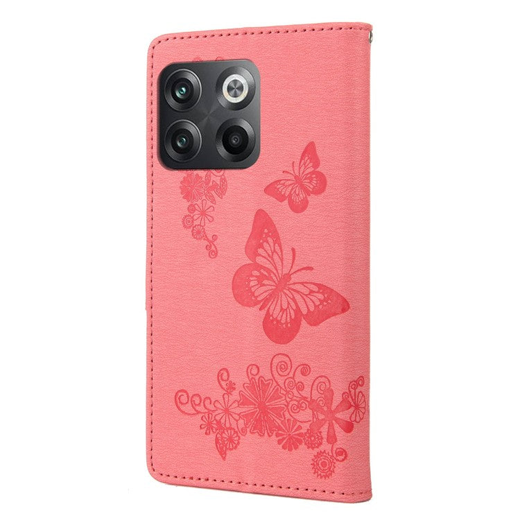 For OnePlus 10T 5G / Ace Pro 5G Big Butterflies Flower Pattern Imprinting Leather Case Magnetic Clasp Stand Wallet Cover with Strap - Pink