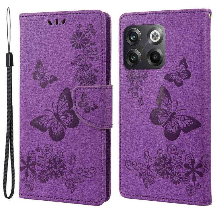 For OnePlus 10T 5G / Ace Pro 5G Big Butterflies Flower Pattern Imprinting Leather Case Magnetic Clasp Stand Wallet Cover with Strap - Purple