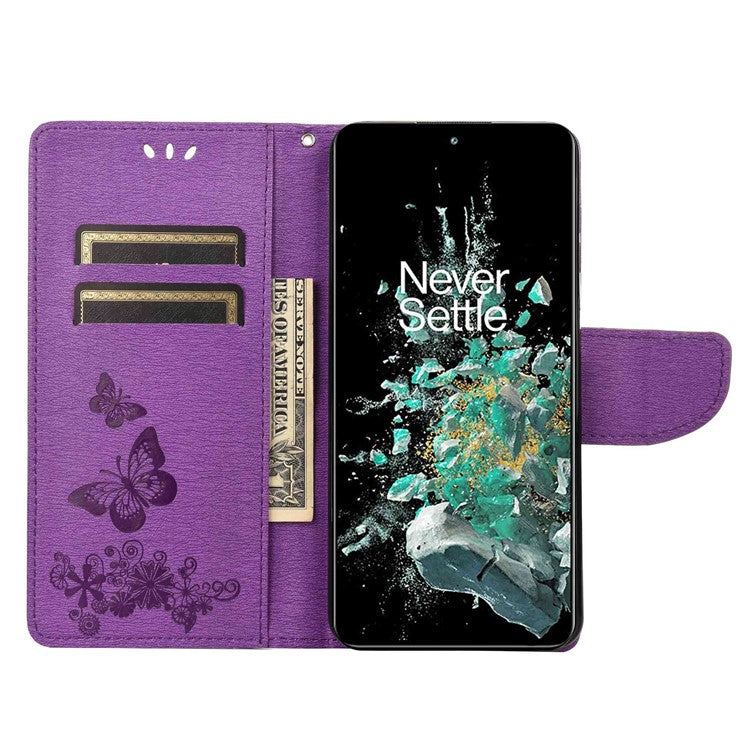 For OnePlus 10T 5G / Ace Pro 5G Big Butterflies Flower Pattern Imprinting Leather Case Magnetic Clasp Stand Wallet Cover with Strap - Purple