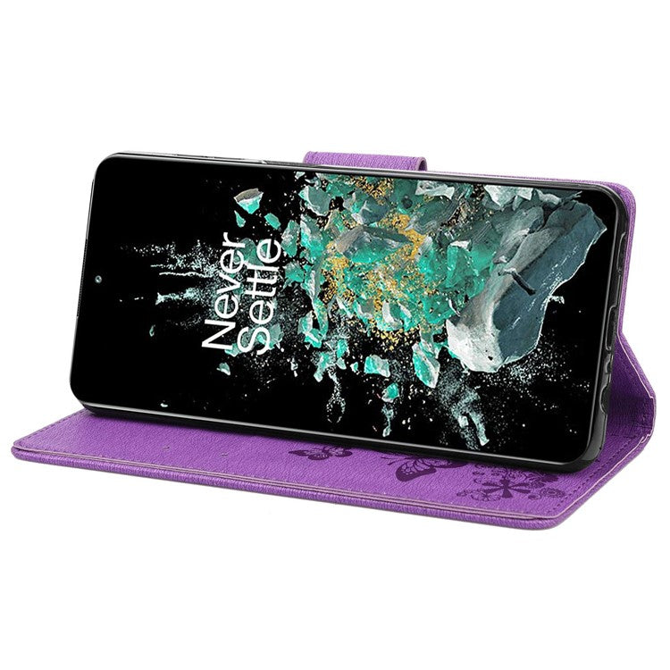 For OnePlus 10T 5G / Ace Pro 5G Big Butterflies Flower Pattern Imprinting Leather Case Magnetic Clasp Stand Wallet Cover with Strap - Purple
