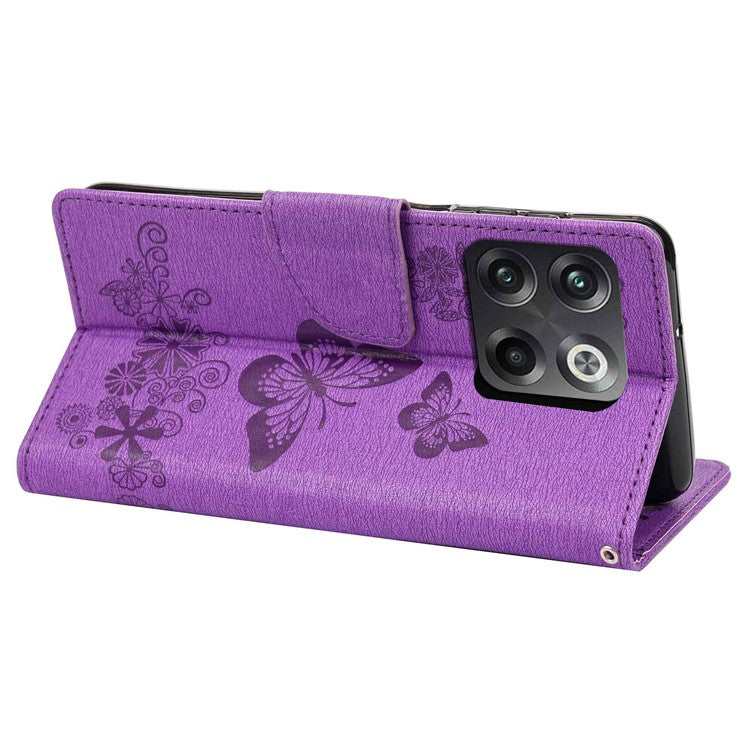 For OnePlus 10T 5G / Ace Pro 5G Big Butterflies Flower Pattern Imprinting Leather Case Magnetic Clasp Stand Wallet Cover with Strap - Purple