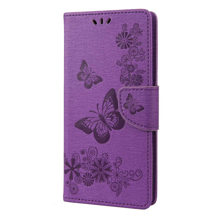 For OnePlus 10T 5G / Ace Pro 5G Big Butterflies Flower Pattern Imprinting Leather Case Magnetic Clasp Stand Wallet Cover with Strap - Purple