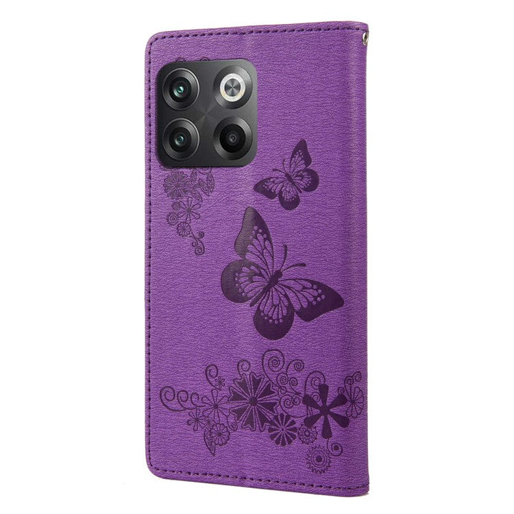 For OnePlus 10T 5G / Ace Pro 5G Big Butterflies Flower Pattern Imprinting Leather Case Magnetic Clasp Stand Wallet Cover with Strap - Purple