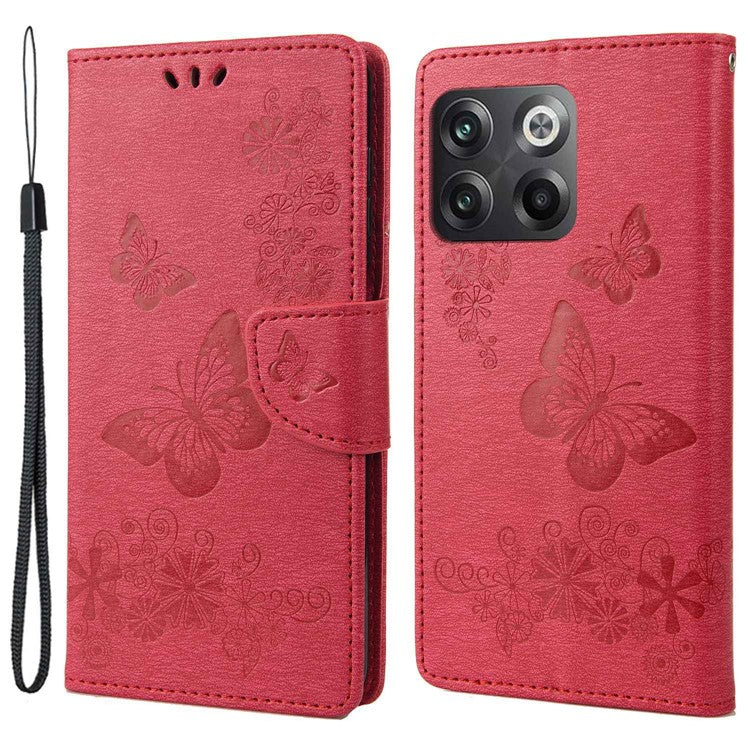 For OnePlus 10T 5G / Ace Pro 5G Big Butterflies Flower Pattern Imprinting Leather Case Magnetic Clasp Stand Wallet Cover with Strap - Red