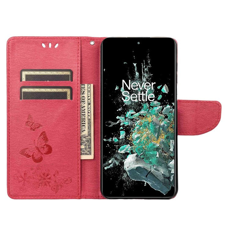 For OnePlus 10T 5G / Ace Pro 5G Big Butterflies Flower Pattern Imprinting Leather Case Magnetic Clasp Stand Wallet Cover with Strap - Red