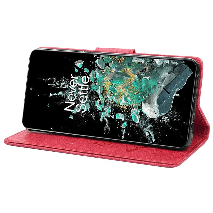 For OnePlus 10T 5G / Ace Pro 5G Big Butterflies Flower Pattern Imprinting Leather Case Magnetic Clasp Stand Wallet Cover with Strap - Red