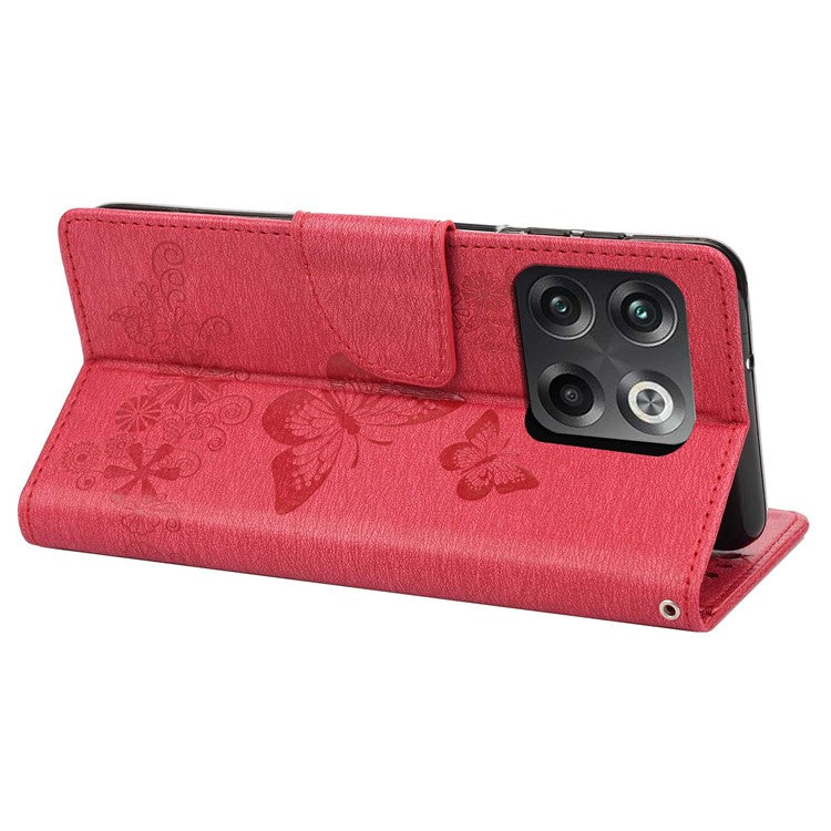 For OnePlus 10T 5G / Ace Pro 5G Big Butterflies Flower Pattern Imprinting Leather Case Magnetic Clasp Stand Wallet Cover with Strap - Red
