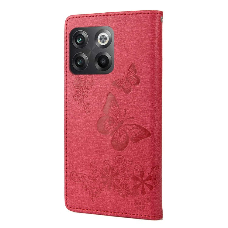 For OnePlus 10T 5G / Ace Pro 5G Big Butterflies Flower Pattern Imprinting Leather Case Magnetic Clasp Stand Wallet Cover with Strap - Red