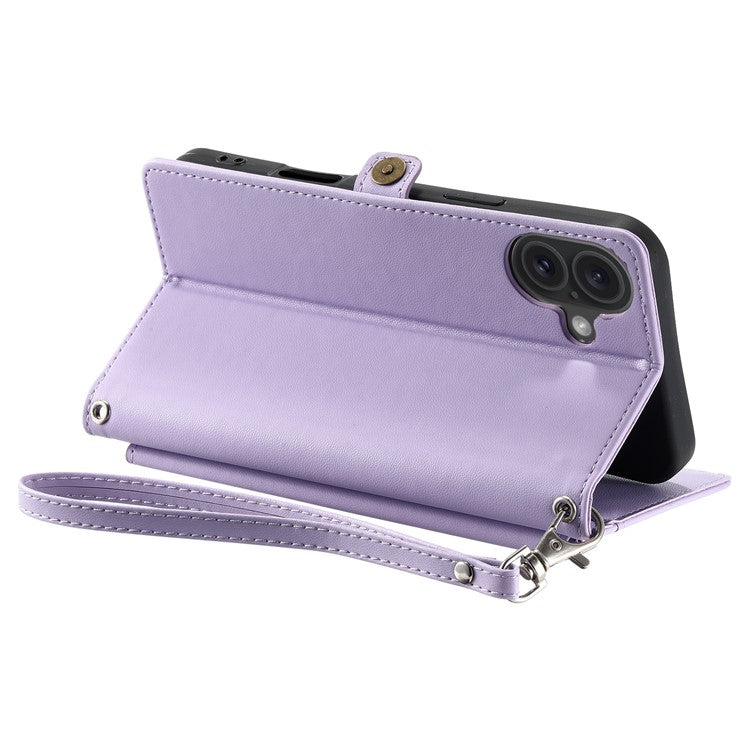 For iPhone 16 Leather Case Wallet Stand Phone Cover with Straps - Purple