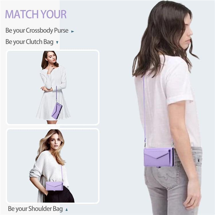 For iPhone 16 Leather Case Wallet Stand Phone Cover with Straps - Purple