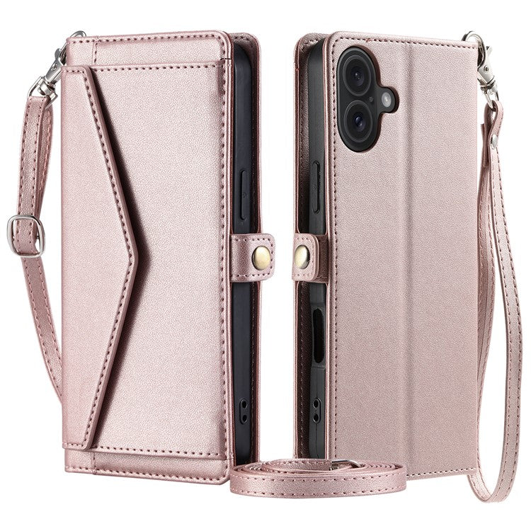 For iPhone 16 Leather Case Wallet Stand Phone Cover with Straps - Rose Gold