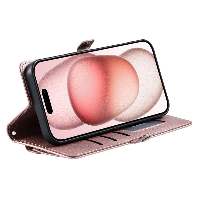 For iPhone 16 Leather Case Wallet Stand Phone Cover with Straps - Rose Gold