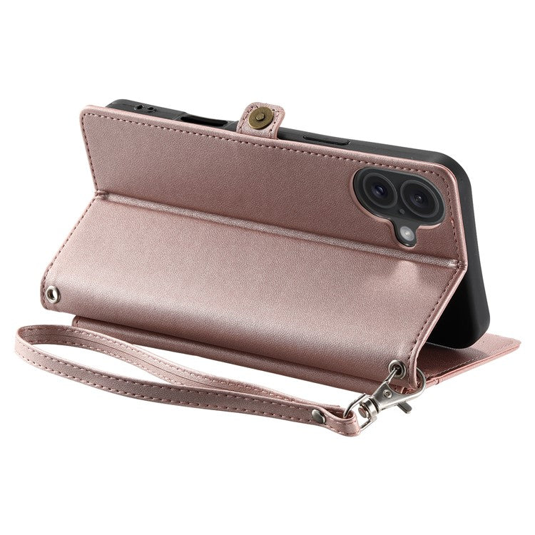 For iPhone 16 Leather Case Wallet Stand Phone Cover with Straps - Rose Gold