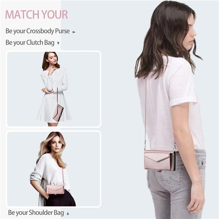 For iPhone 16 Leather Case Wallet Stand Phone Cover with Straps - Rose Gold