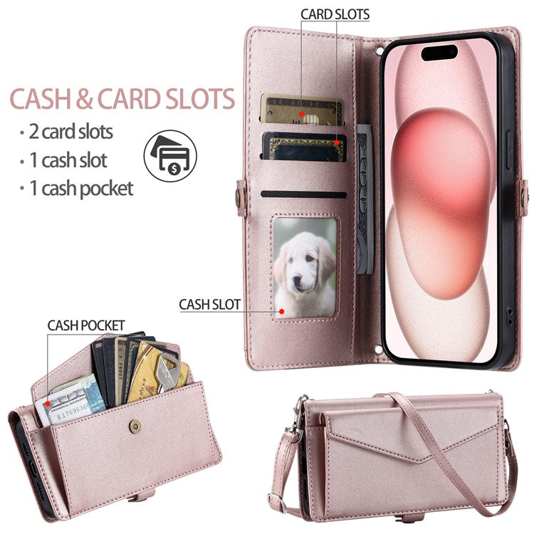 For iPhone 16 Leather Case Wallet Stand Phone Cover with Straps - Rose Gold