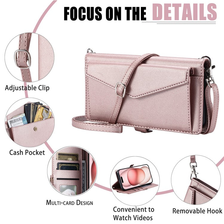 For iPhone 16 Leather Case Wallet Stand Phone Cover with Straps - Rose Gold