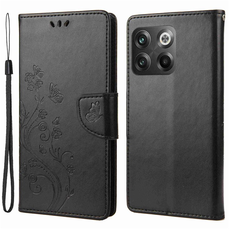 For OnePlus 10T 5G / Ace Pro 5G Wallet Stand PU Leather Imprinting Flower Butterflies Case Full Protection Inner TPU Phone Cover with Strap - Black