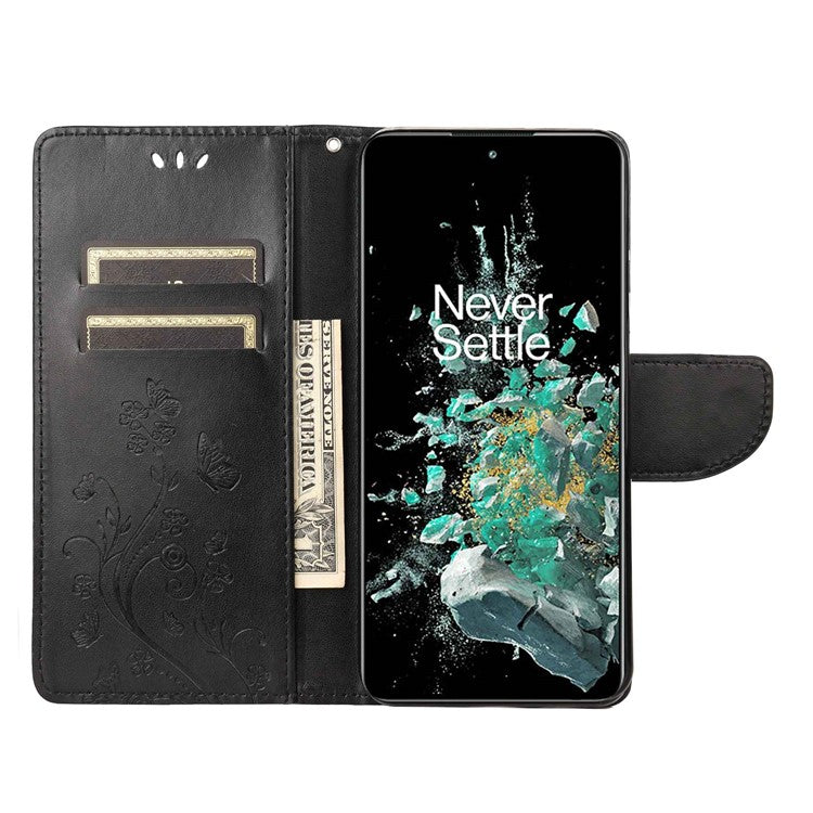 For OnePlus 10T 5G / Ace Pro 5G Wallet Stand PU Leather Imprinting Flower Butterflies Case Full Protection Inner TPU Phone Cover with Strap - Black
