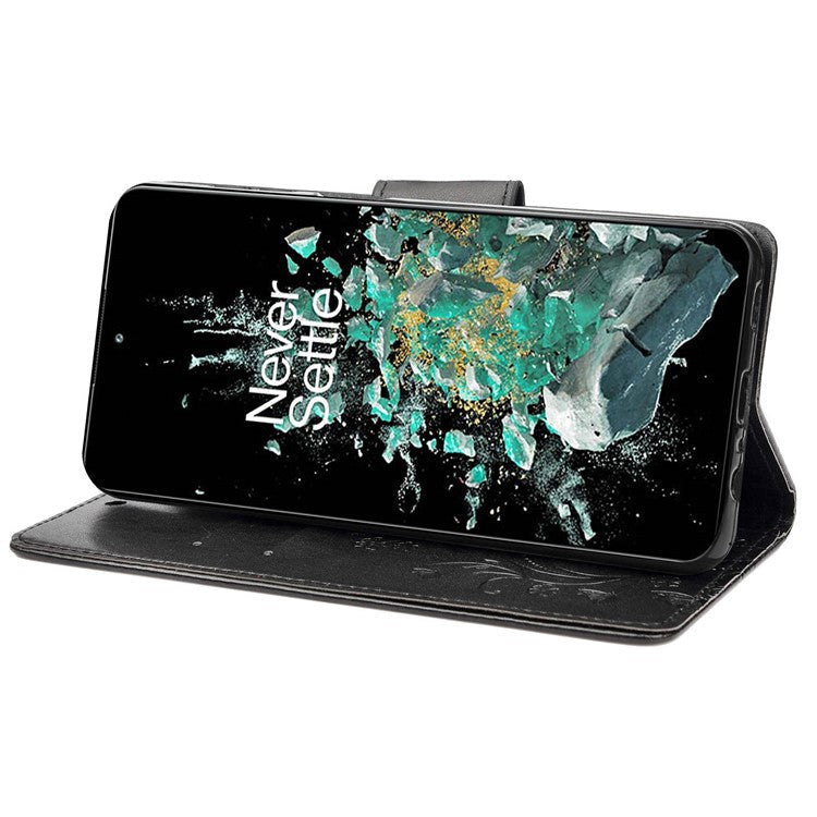 For OnePlus 10T 5G / Ace Pro 5G Wallet Stand PU Leather Imprinting Flower Butterflies Case Full Protection Inner TPU Phone Cover with Strap - Black