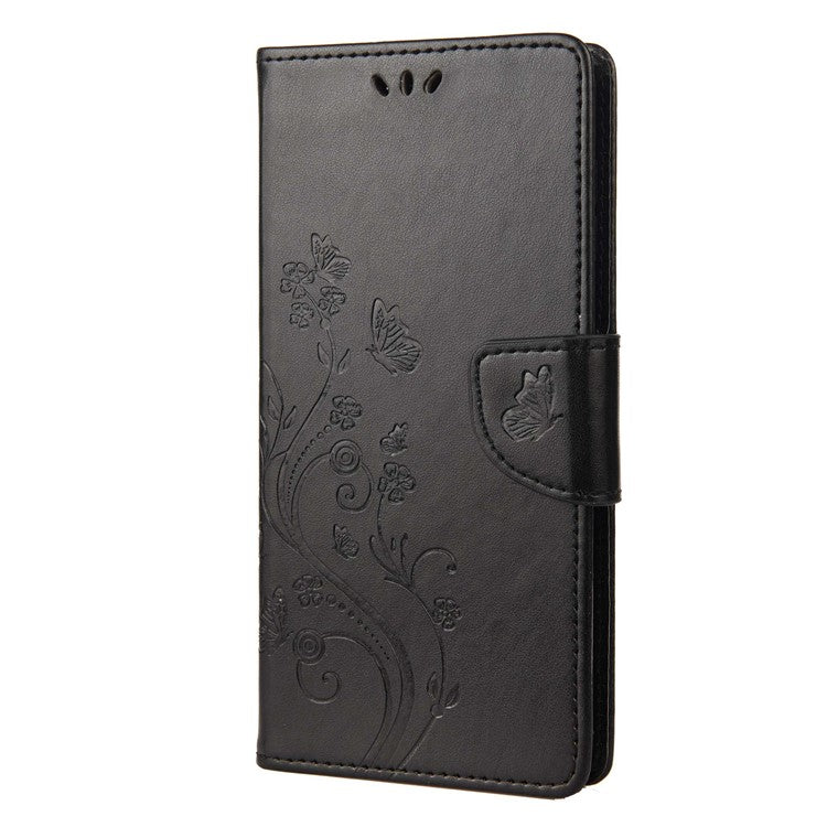 For OnePlus 10T 5G / Ace Pro 5G Wallet Stand PU Leather Imprinting Flower Butterflies Case Full Protection Inner TPU Phone Cover with Strap - Black