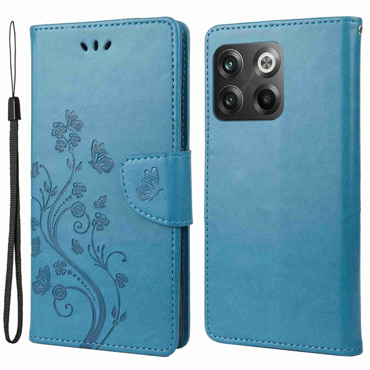 For OnePlus 10T 5G / Ace Pro 5G Wallet Stand PU Leather Imprinting Flower Butterflies Case Full Protection Inner TPU Phone Cover with Strap - Blue