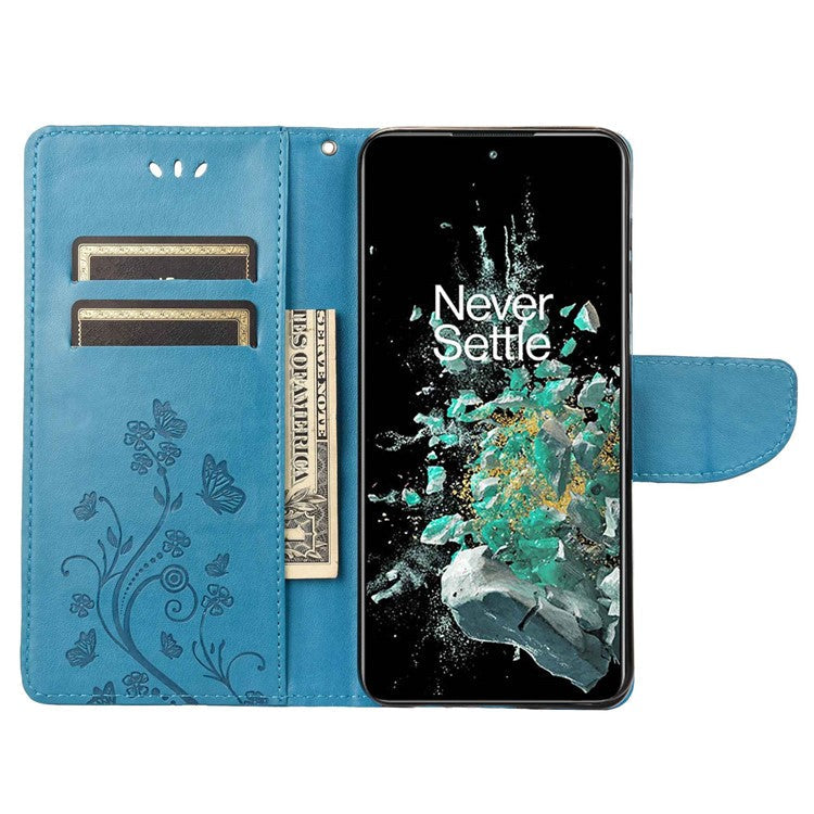 For OnePlus 10T 5G / Ace Pro 5G Wallet Stand PU Leather Imprinting Flower Butterflies Case Full Protection Inner TPU Phone Cover with Strap - Blue