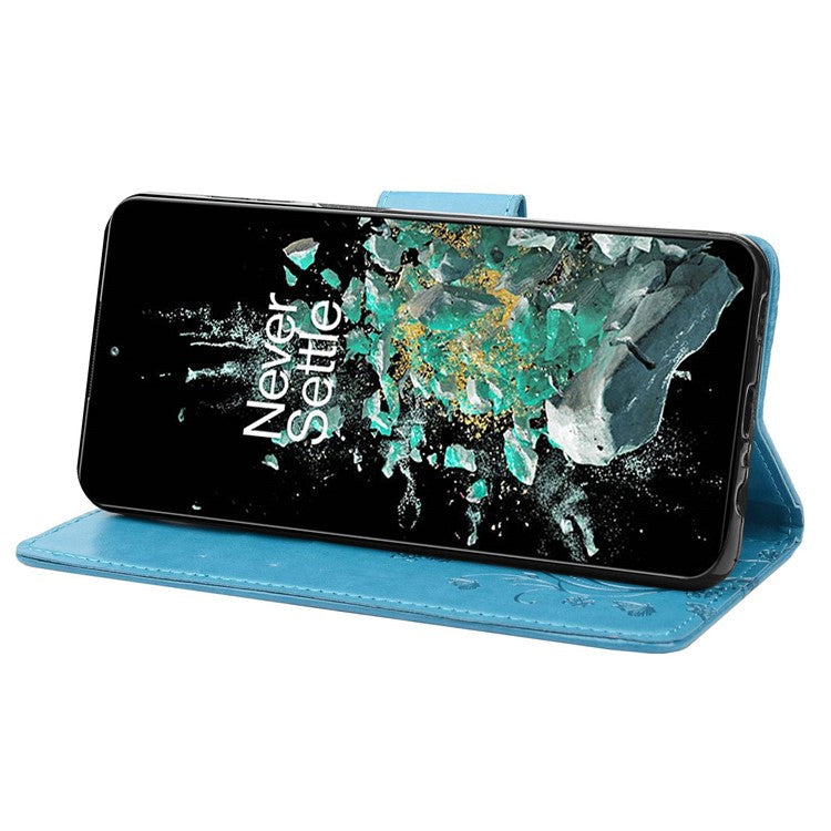 For OnePlus 10T 5G / Ace Pro 5G Wallet Stand PU Leather Imprinting Flower Butterflies Case Full Protection Inner TPU Phone Cover with Strap - Blue