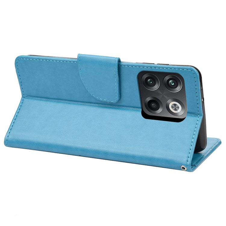 For OnePlus 10T 5G / Ace Pro 5G Wallet Stand PU Leather Imprinting Flower Butterflies Case Full Protection Inner TPU Phone Cover with Strap - Blue