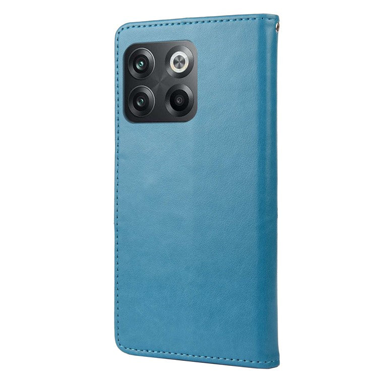 For OnePlus 10T 5G / Ace Pro 5G Wallet Stand PU Leather Imprinting Flower Butterflies Case Full Protection Inner TPU Phone Cover with Strap - Blue