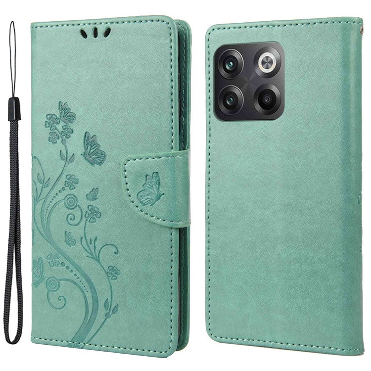 For OnePlus 10T 5G / Ace Pro 5G Wallet Stand PU Leather Imprinting Flower Butterflies Case Full Protection Inner TPU Phone Cover with Strap - Green