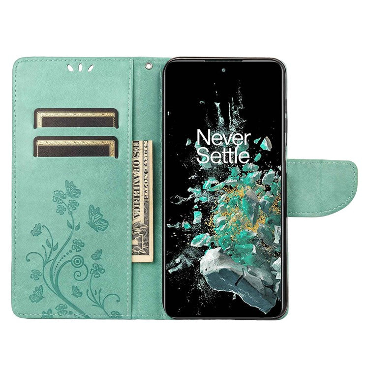 For OnePlus 10T 5G / Ace Pro 5G Wallet Stand PU Leather Imprinting Flower Butterflies Case Full Protection Inner TPU Phone Cover with Strap - Green