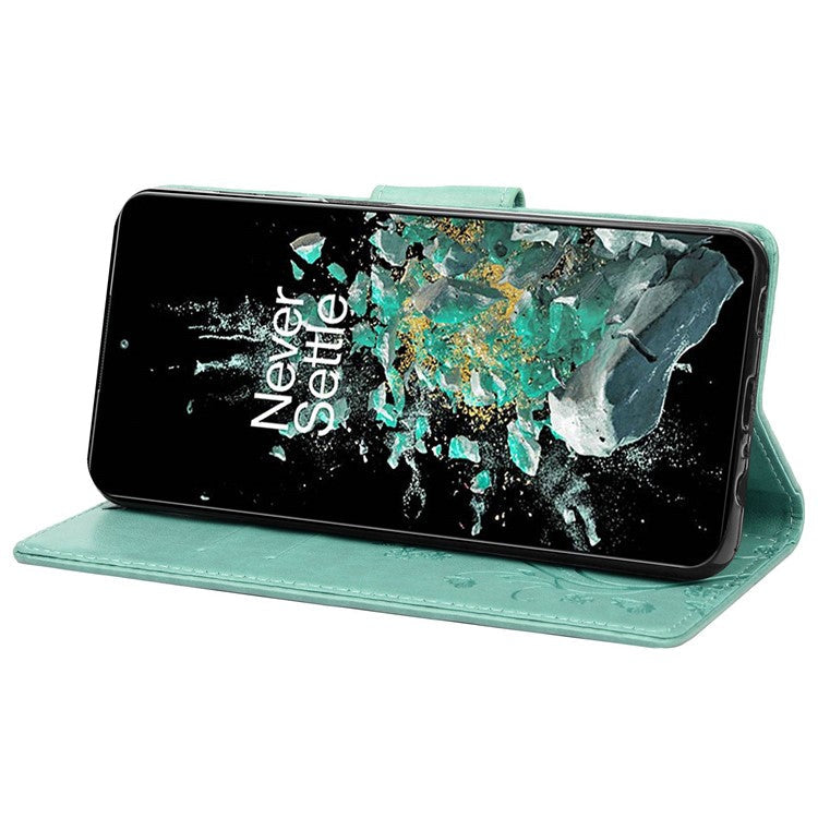 For OnePlus 10T 5G / Ace Pro 5G Wallet Stand PU Leather Imprinting Flower Butterflies Case Full Protection Inner TPU Phone Cover with Strap - Green