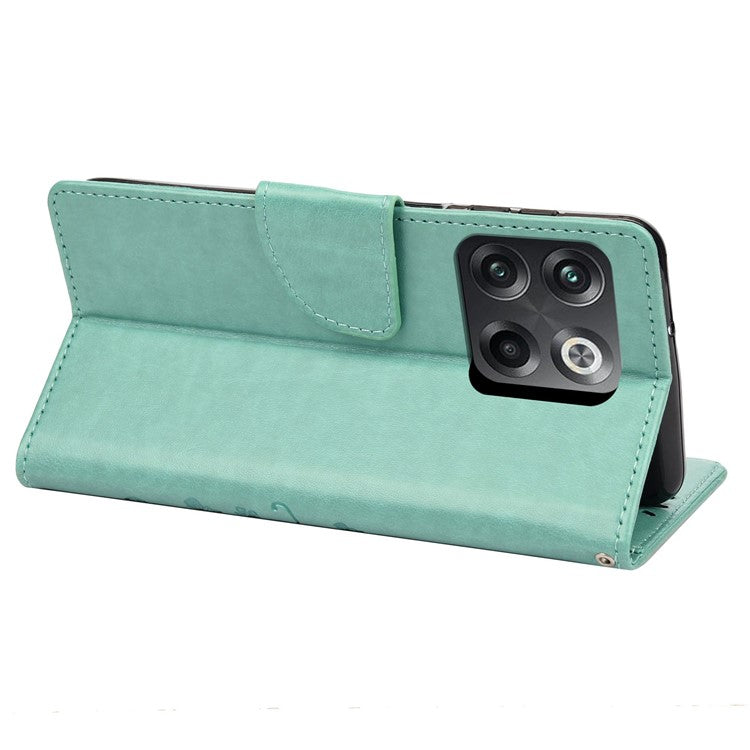 For OnePlus 10T 5G / Ace Pro 5G Wallet Stand PU Leather Imprinting Flower Butterflies Case Full Protection Inner TPU Phone Cover with Strap - Green