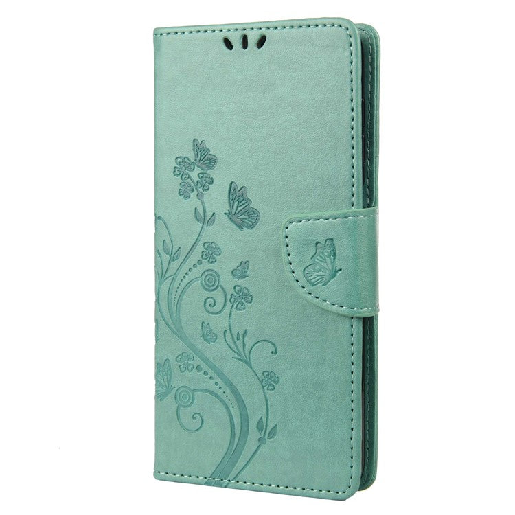For OnePlus 10T 5G / Ace Pro 5G Wallet Stand PU Leather Imprinting Flower Butterflies Case Full Protection Inner TPU Phone Cover with Strap - Green